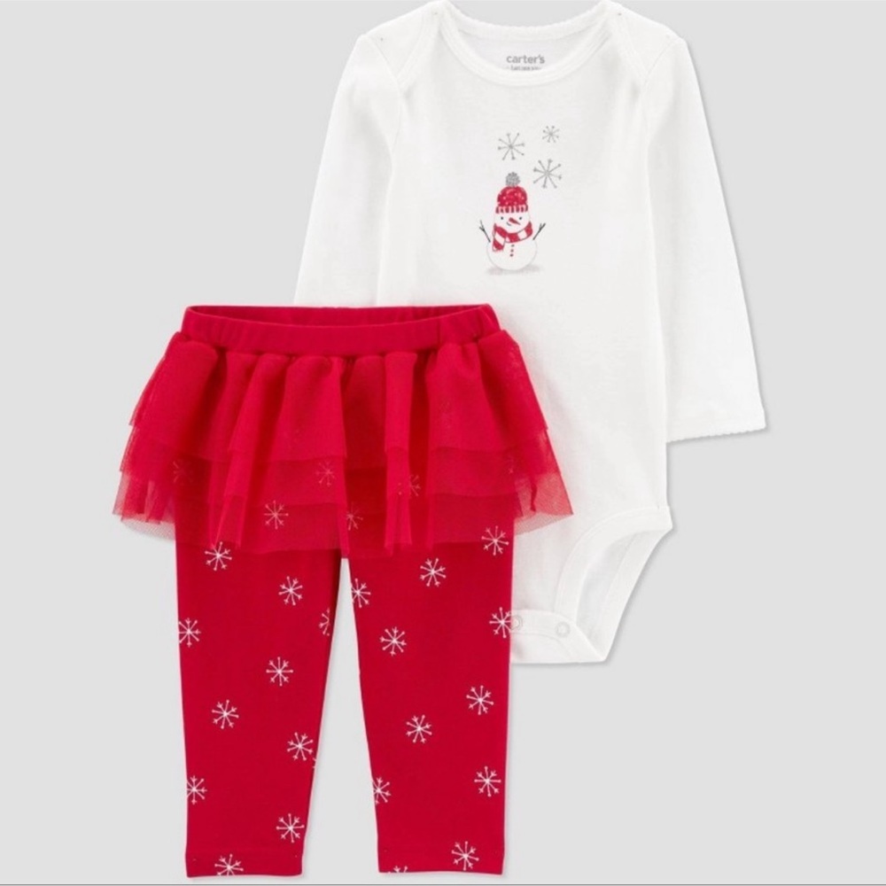 Carters 2 piece set snowman long sleeve bodysuit red leggings with tutu